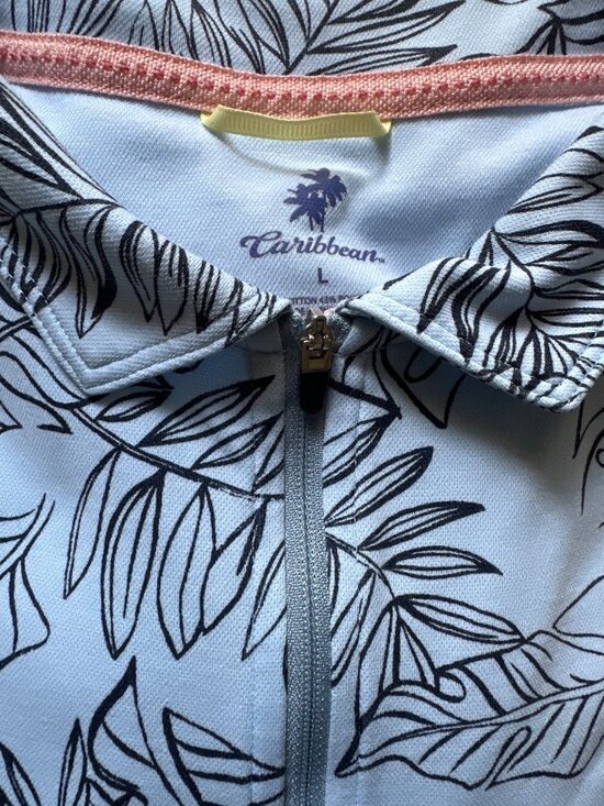 Caribbean Mens Light Blue Half-Zip Pullover With Black Leaf Print Size L - Picture 4 of 5